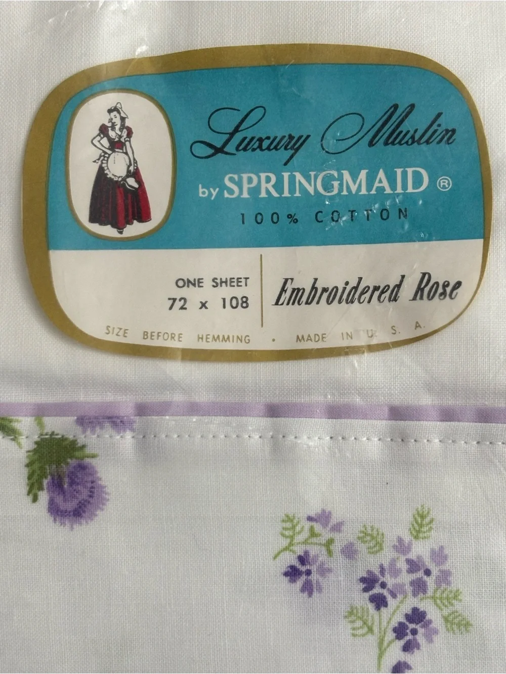 Vintage Luxury Muslin Springmaid Embroidered Rose Flat Sheet, USA, 72 X 108 NEW